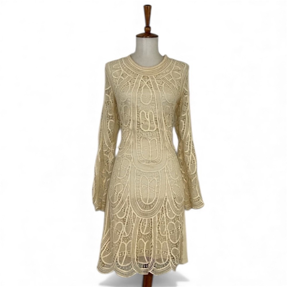 SEA NY Crochet Dress Women’s‎ 10 Cream Long Sleeve Lace